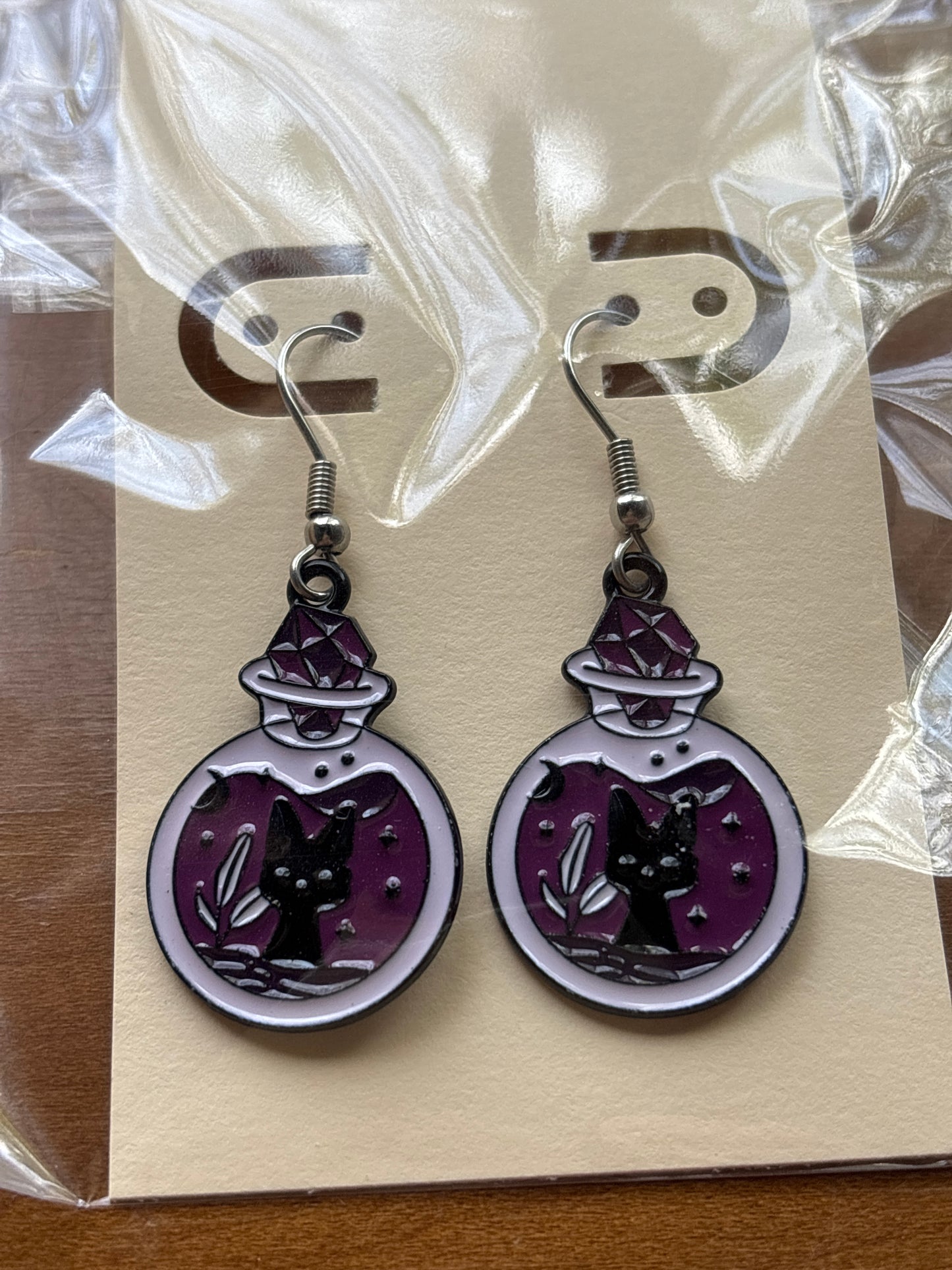 Black Cat Crystal Spell Jar Enamel Purple Dangle Earrings