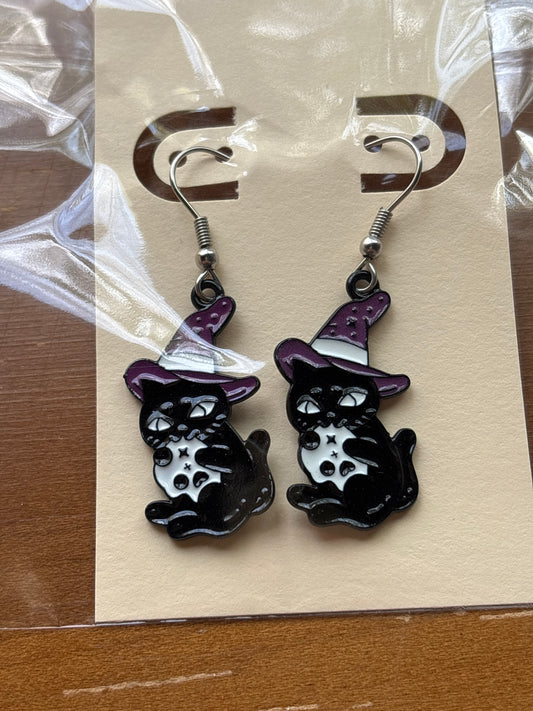 Black Cat with Skull Purple Witch Hat Enamel Dangle Earrings