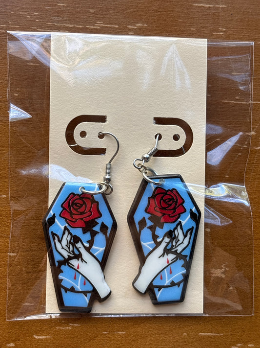 Blue Coffin Thorn Rose Dangle Earrings
