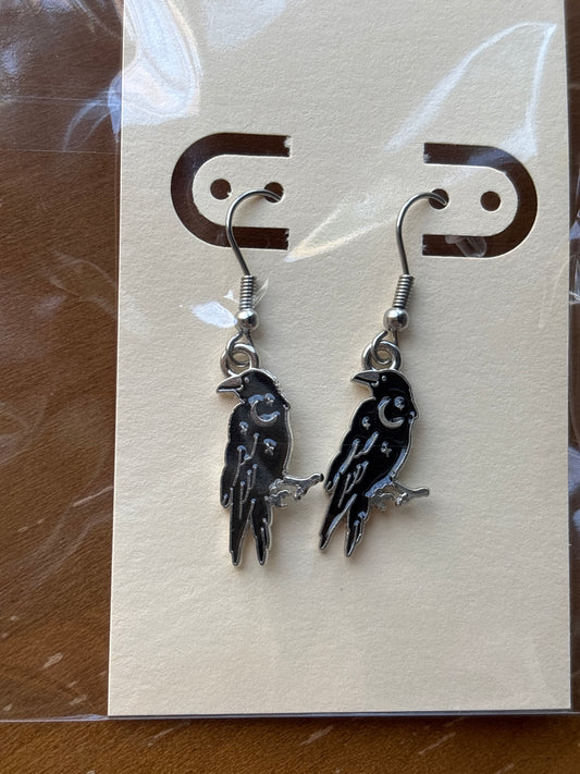 Black Raven Moon and Stars Dangle Earrings