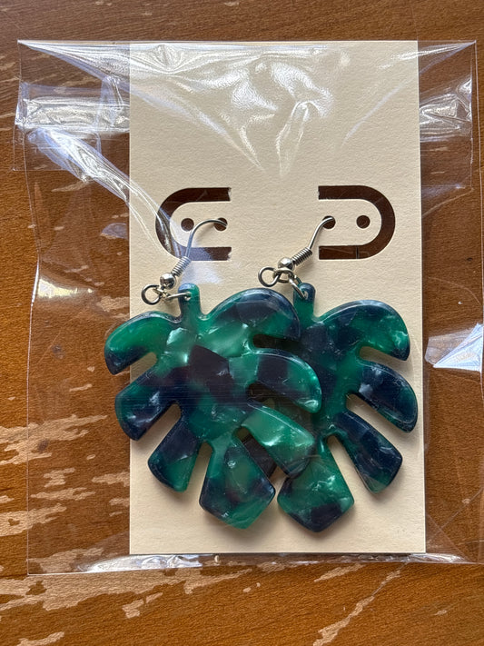 Monstera Plant Green and Blue Dangle Earrings