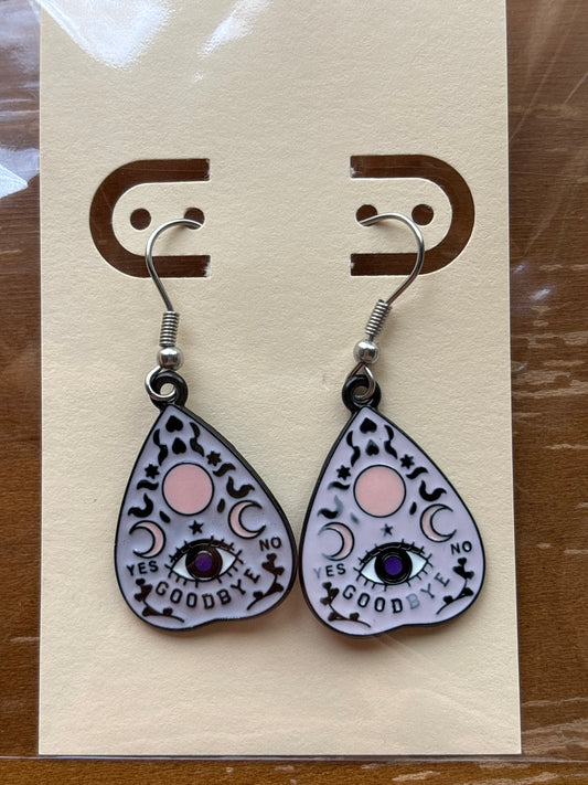 Purple Planchette Eye Triple Moon Enamel Charm Dangle Earrings