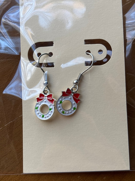 White Christmas Wreath Dangle Earrings