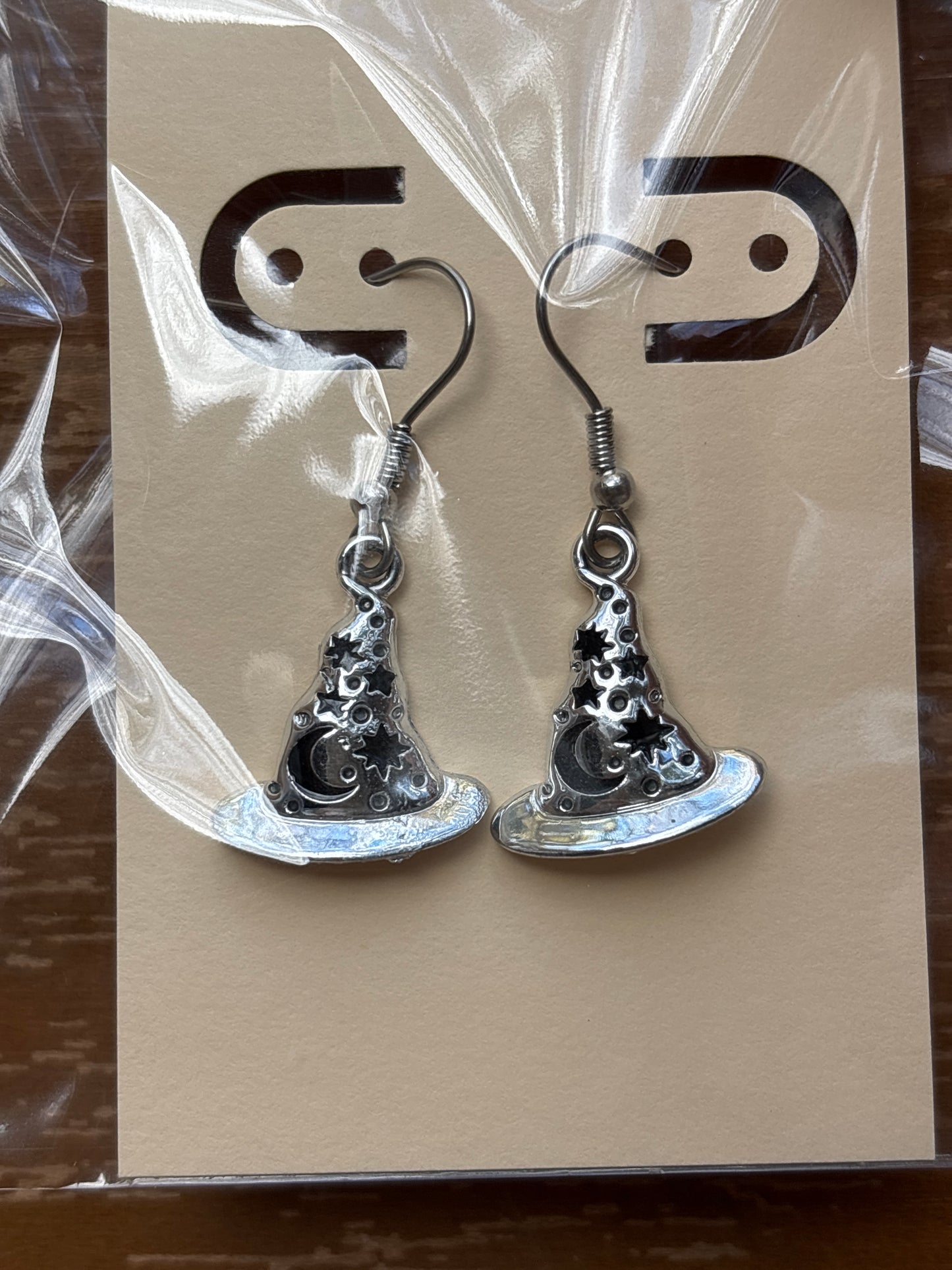 Silver Witch Hat Moon and Stars Dangle Earrings