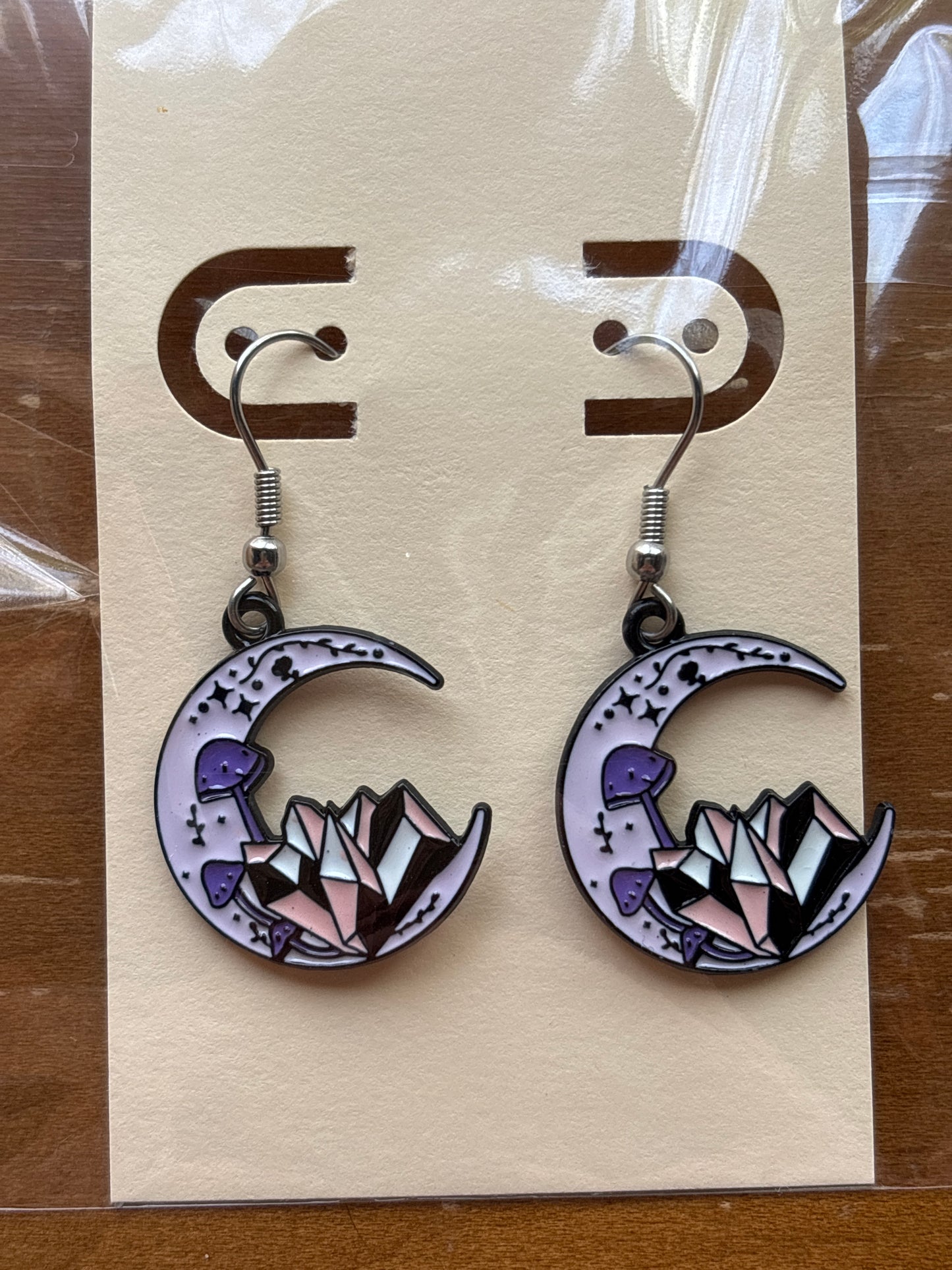 Purple Crescent Moon with Mushrooms and Crystals Enamel Charm Dangle Earrings