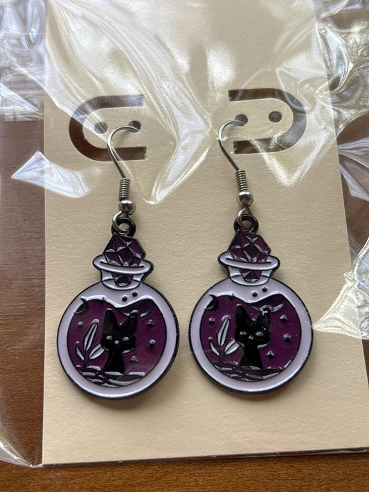 Black Cat Crystal Spell Jar Enamel Purple Dangle Earrings