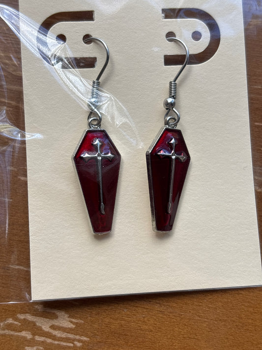 Red Enamel Coffin Dangle Earrings