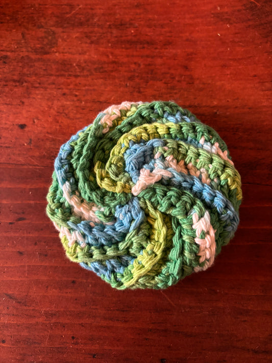 Crochet Cotton Spiral Dish Scrubby Green, blue and white