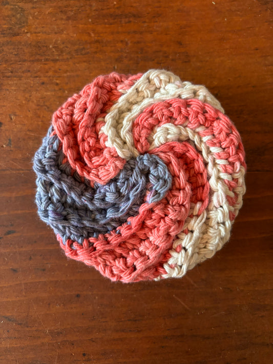 Crochet Cotton Spiral Dish Scrubby Pink, blue and white